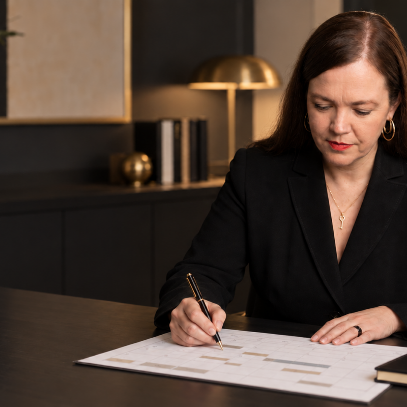 Petra Binder entwickelt an ihrem Schreibtisch einen strategischen Zielplan für ihr Unternehmen.