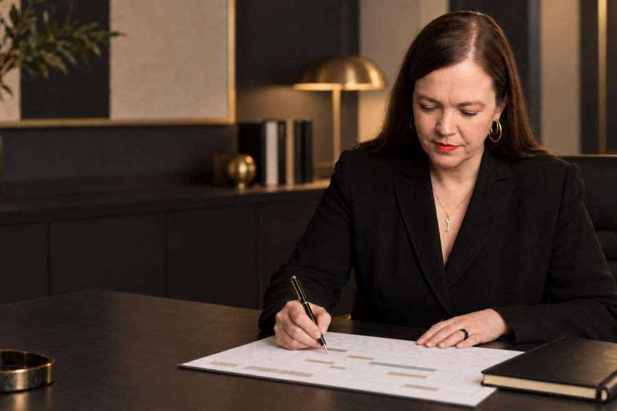 Petra Binder entwickelt an ihrem Schreibtisch einen strategischen Zielplan für ihr Unternehmen.