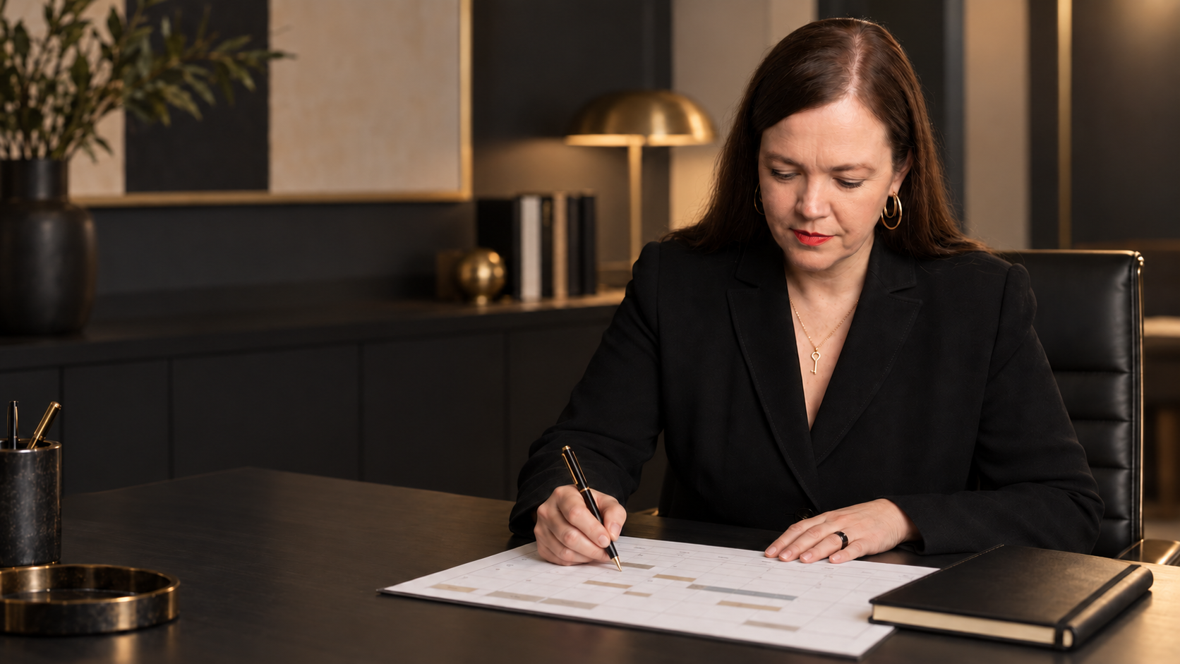 Petra Binder entwickelt an ihrem Schreibtisch einen strategischen Zielplan für ihr Unternehmen.