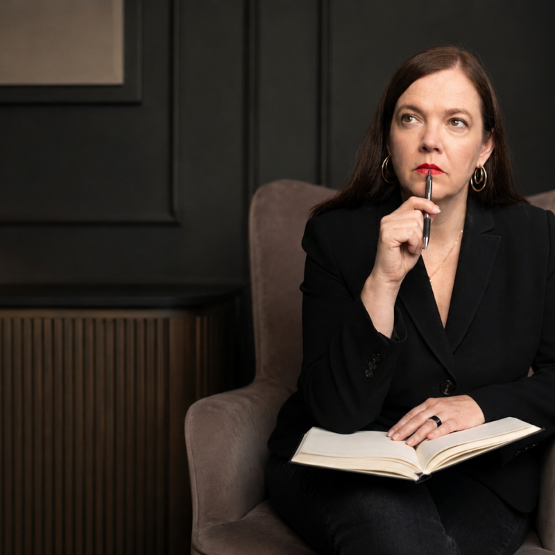Petra Binder arbeitet konzentriert an einem Schreibtisch ohne digitale Ablenkungen