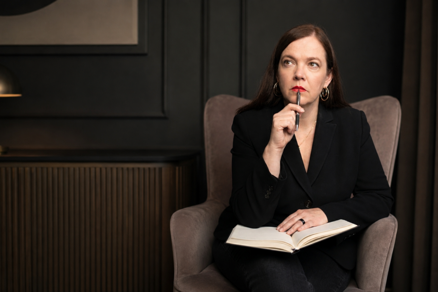 Petra Binder arbeitet konzentriert an einem Schreibtisch ohne digitale Ablenkungen